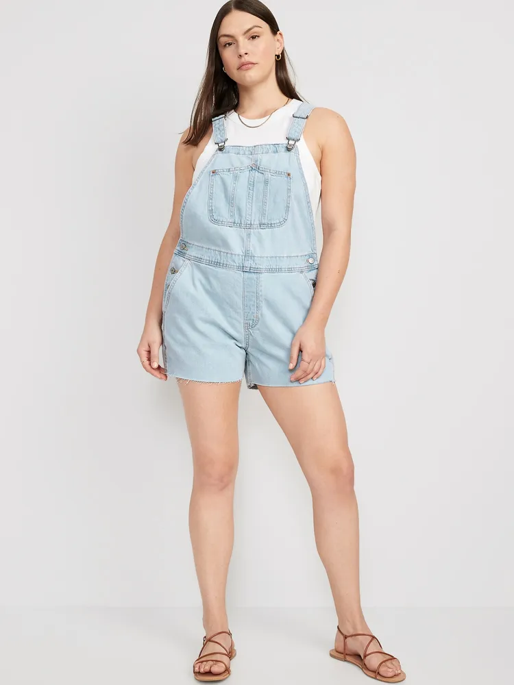 Slouchy Straight Non-Stretch Jean Cut-Off Short Overalls -- 3.5-inch inseam