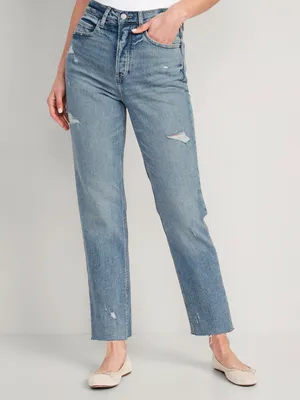 Extra High-Waisted Button-Fly Cut-Off Straight Jeans