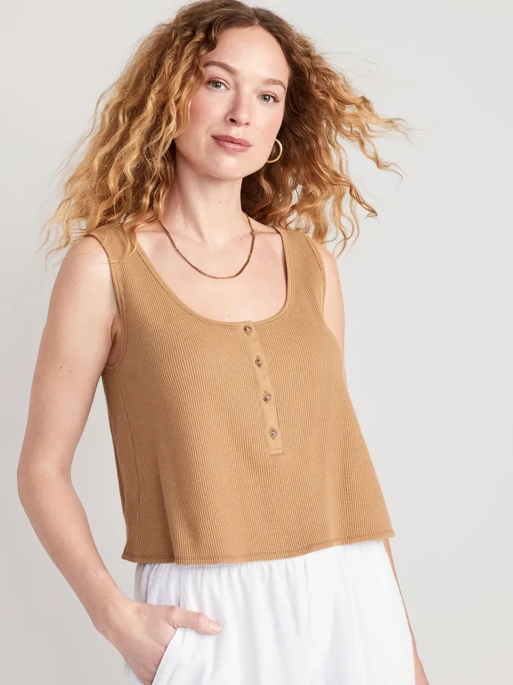 Thermal-Knit Cropped Henley Tank Top