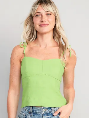 Fitted Linen-Blend Tie-Shoulder Cropped Cami Top for Women
