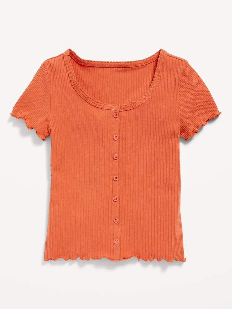 Rib-Knit Button-Front Lettuce-Edge Top for Girls