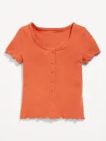 Rib-Knit Button-Front Lettuce-Edge Top for Girls