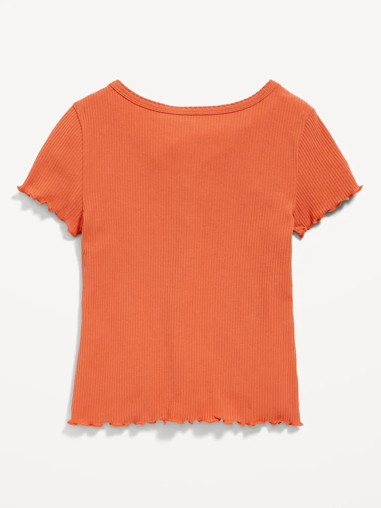 Rib-Knit Button-Front Lettuce-Edge Top for Girls