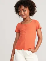 Rib-Knit Button-Front Lettuce-Edge Top for Girls