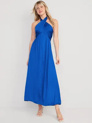 Fit & Flare Wrap-Neck Satin Maxi Dress