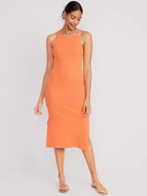 Fitted Sleeveless Rib-Knit Midi Dress for Women