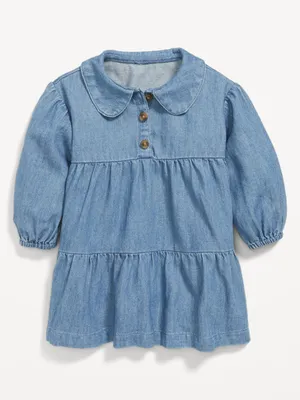 Long-Sleeve Button-Front Chambray Tiered Dress for Baby