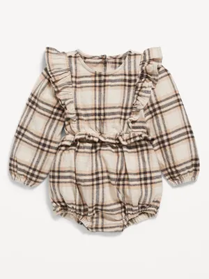 Long-Sleeve Ruffle-Trim Plaid One-Piece Romper for Baby