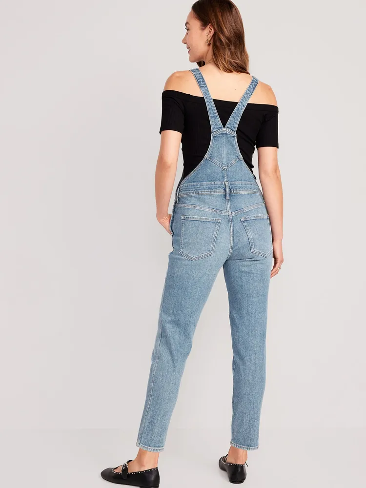 OG Straight Black-Wash Ripped Jean Overalls for Women