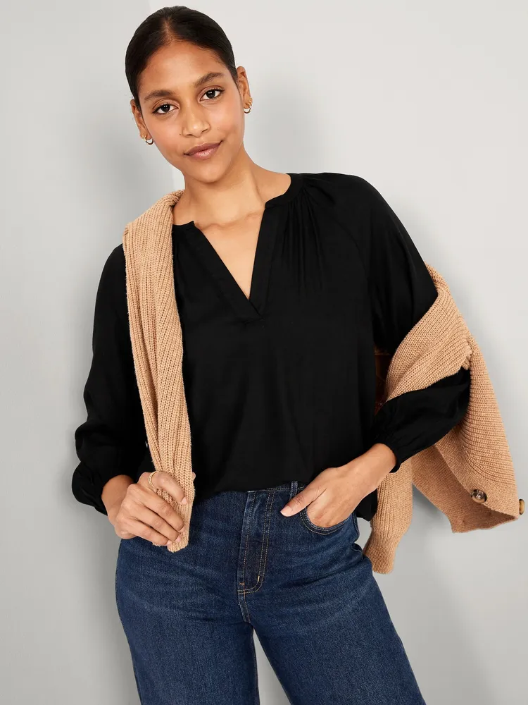 Ruffle-Trim Split-Neck Top