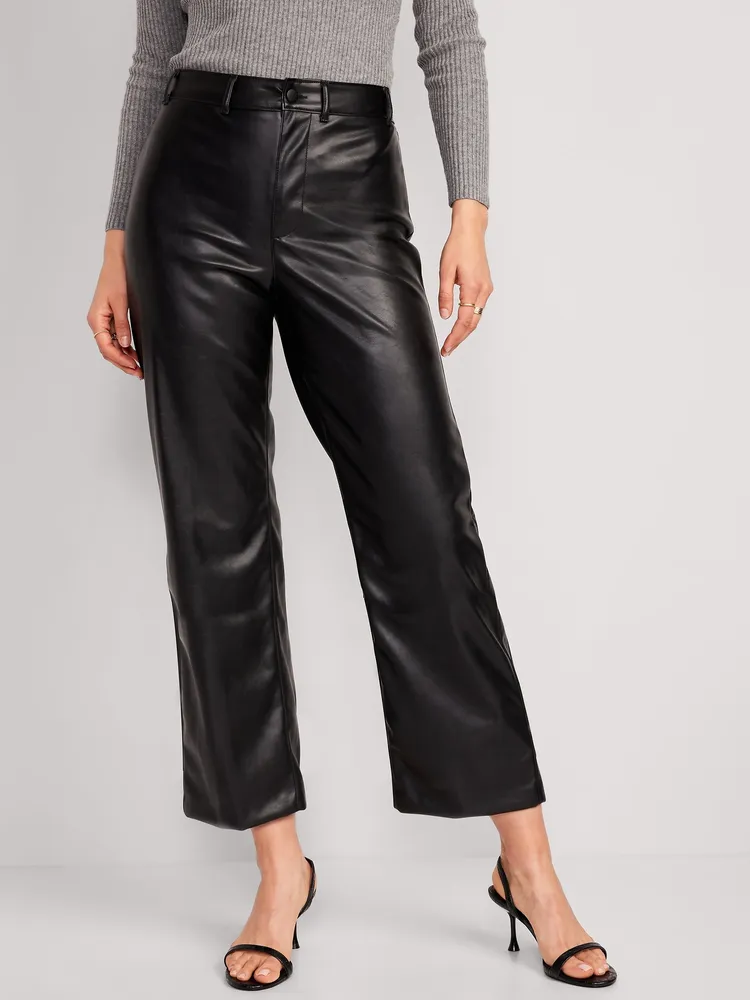 High Waist PU Leather Trousers Front Buttons Black 