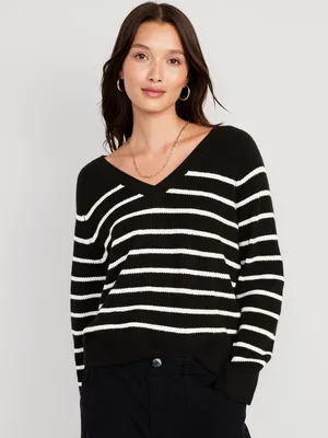 V-Neck Shaker-Stitch Cocoon Sweater for Women