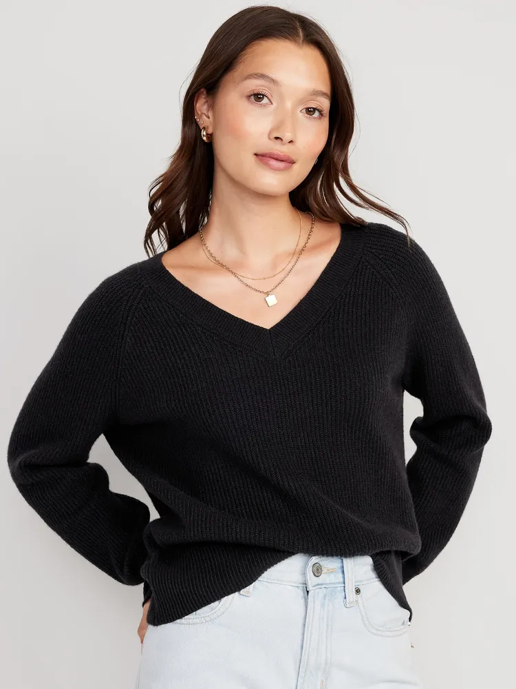 V-Neck Rib-Knit Cocoon Sweater for Women