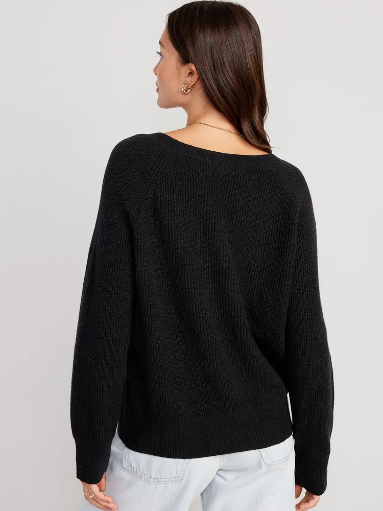 V-Neck Rib-Knit Cocoon Sweater for Women