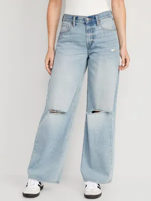 Mid-Rise Baggy Wide-Leg Non-Stretch Ripped Jeans for Women