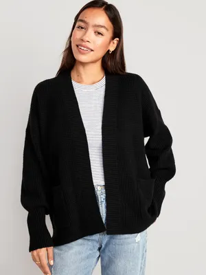 Open-Front Waffle-Knit Cocoon Sweater for Women