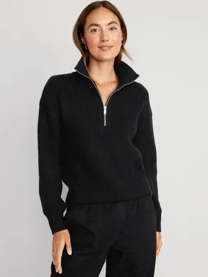 Loose 1/2-Zip Shaker-Stitch Pullover for Women