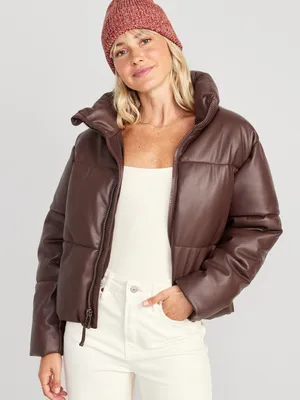 Mock-Neck Faux-Leather Puffer Jacket