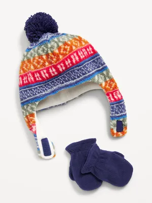 Printed Sherpa Trapper Hat & Mittens for Toddler Baby