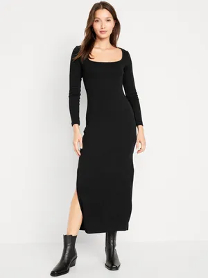 Fitted Rib-Knit Square-Neck Midi Dress for Women