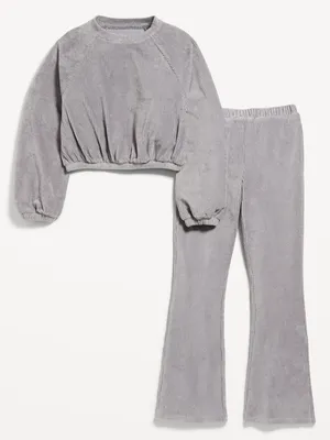 Velvet Ribbed  Cinched-Hem Top and Flare Pants Set for Girls