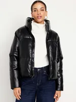 Mock-Neck Faux-Leather Puffer Jacket