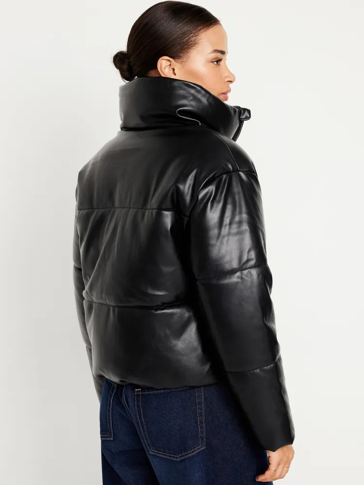 Mock-Neck Faux-Leather Puffer Jacket