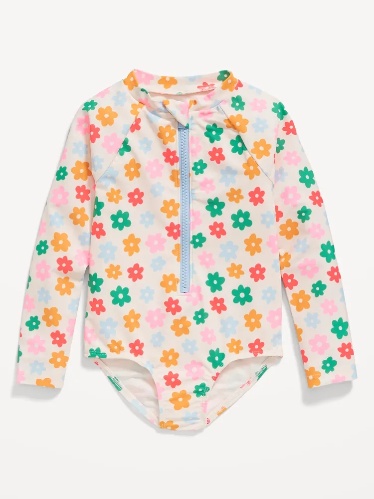 Printed Zip-Front Rashguard One-Piece Swimsuit for Toddler Girls