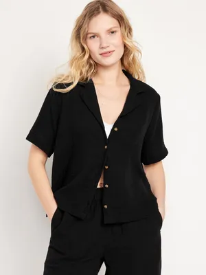 Crinkle Gauze Button-Down Top