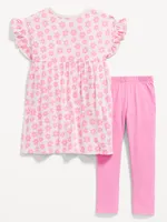 Flutter-Sleeve Dress & Leggings Set for Toddler Girls