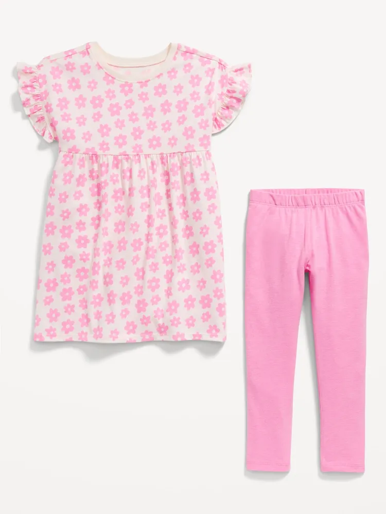 Flutter-Sleeve Dress & Leggings Set for Toddler Girls