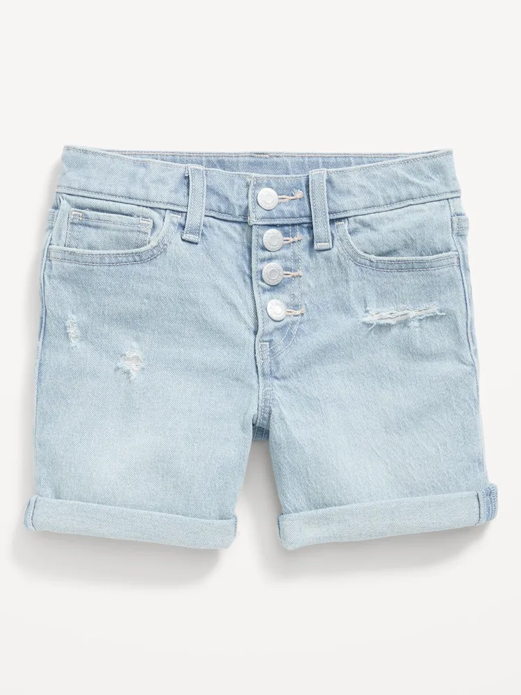 High-Waisted Button-Fly Ripped Jean Midi Shorts for Girls