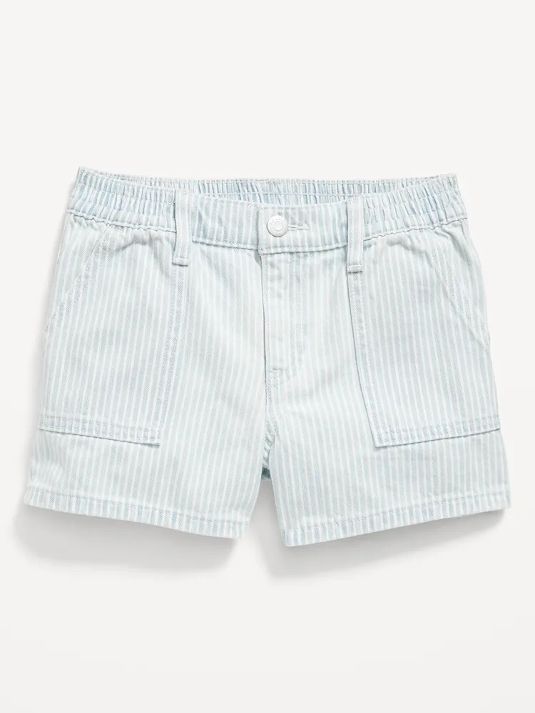 Elasticized High-Waisted Striped Utility Jean Shorts for Girls