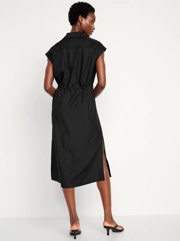 Waist-Defined Utility Midi Shirt Dress