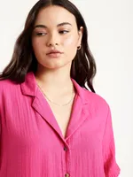 Crinkle Gauze Button-Down Top