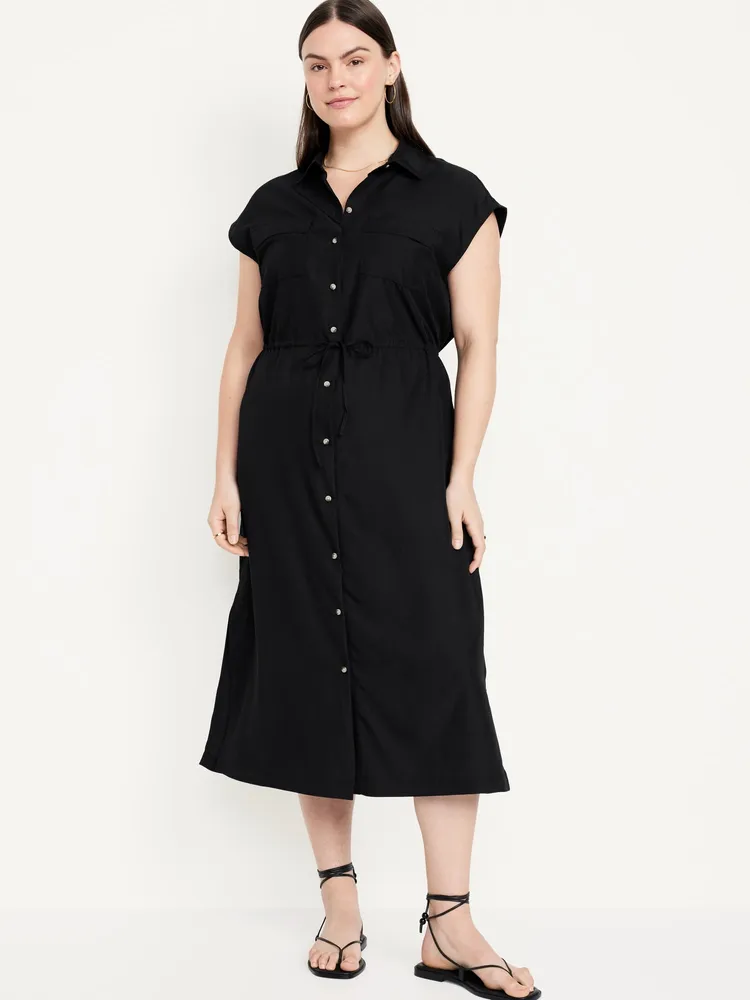 Waist-Defined Utility Midi Shirt Dress