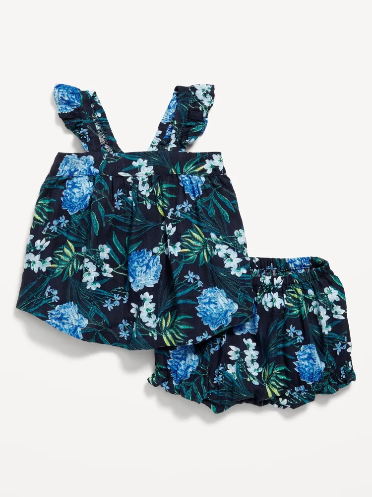 Printed Sleeveless Ruffled Dobby Top and Bloomer Shorts for Baby