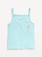 Fitted Button-Front Embroidered Graphic Tank Top for Girls