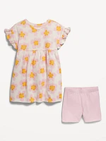 Printed Flutter-Sleeve Dress and Biker Shorts Set for Toddler Girls