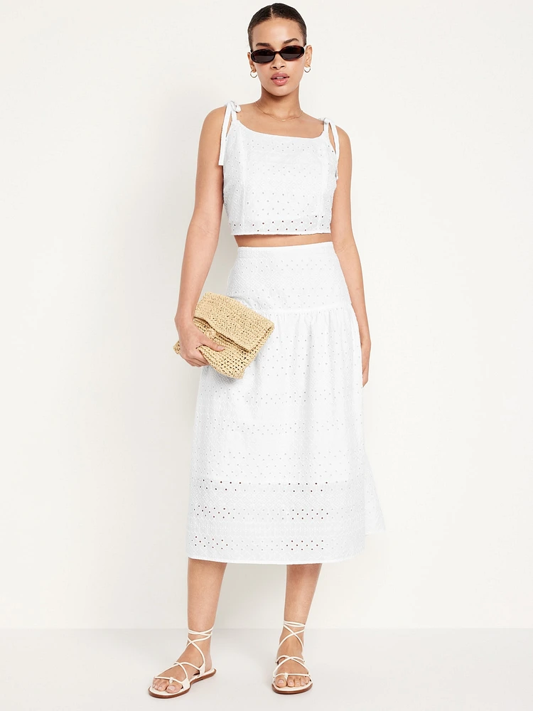 Dropped-Waist Eyelet Midi Skirt