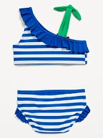 One-Shoulder Printed Ruffle-Trim Swim Set for Toddler Girls