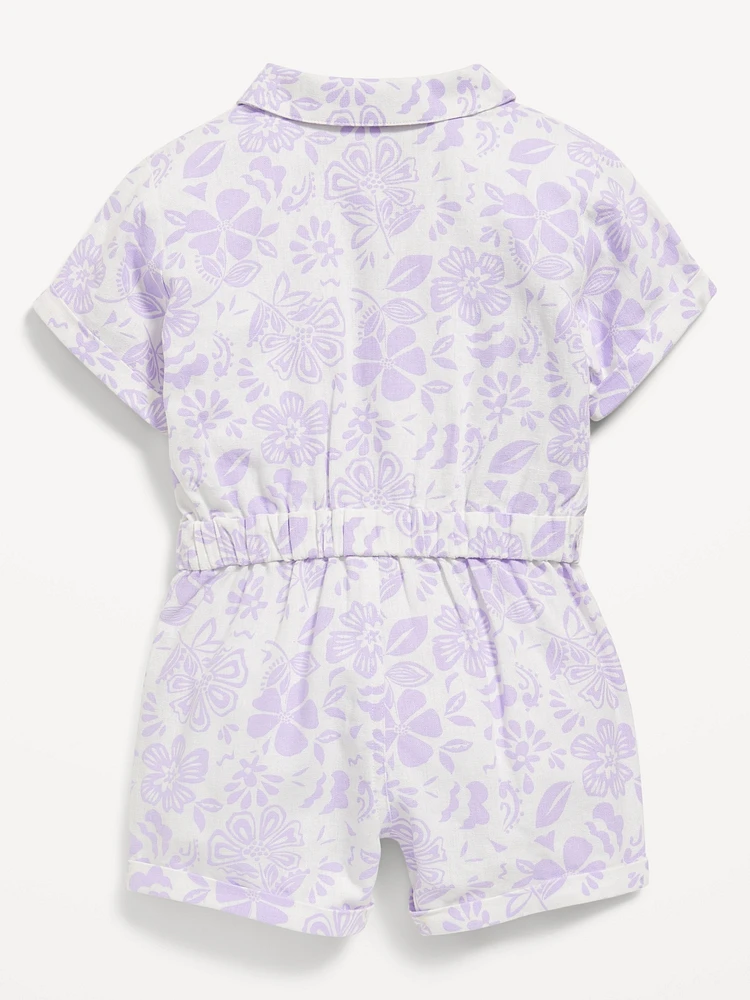 Short-Sleeve Linen-Blend Tie-Front Romper for Toddler Girls