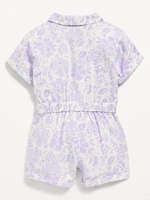 Short-Sleeve Linen-Blend Tie-Front Romper for Toddler Girls