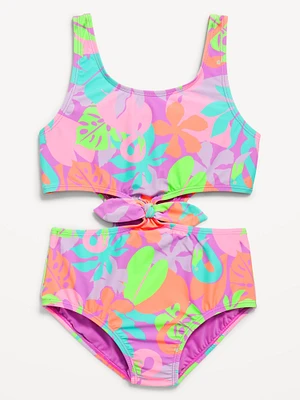 Printed Side Cutout Tie-Knot One-Piece Swimsuit for Girls