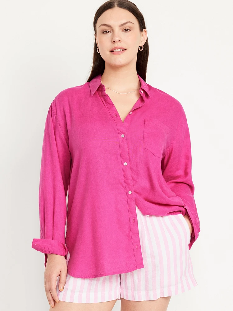 Linen-Blend Button-Down Boyfriend Shirt