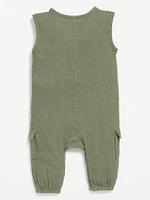 Sleeveless Henley Pocket One-Piece Jumpsuit for Baby