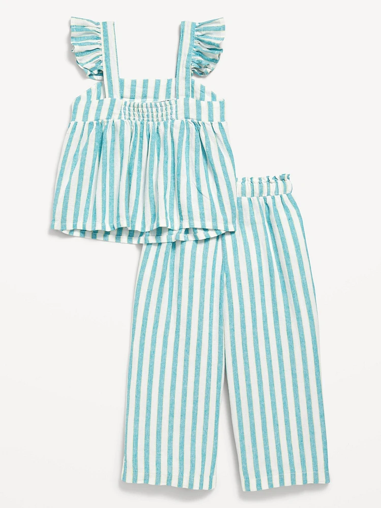 Sleeveless Linen-Blend Top and Wide-Leg Pants Set for Toddler Girls