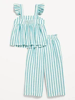 Sleeveless Linen-Blend Top and Wide-Leg Pants Set for Toddler Girls