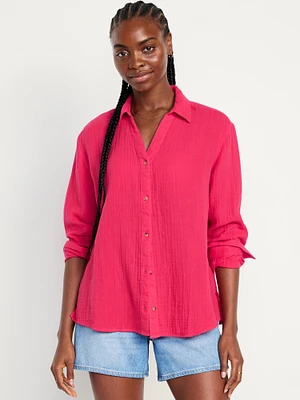 Crinkle Gauze Button-Down Boyfriend Shirt