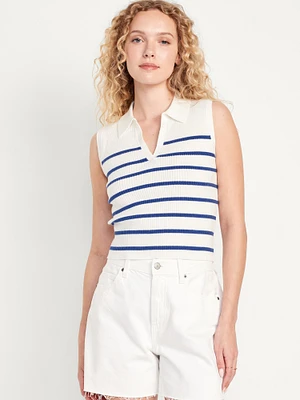 Rib-Knit Crop Polo Sweater